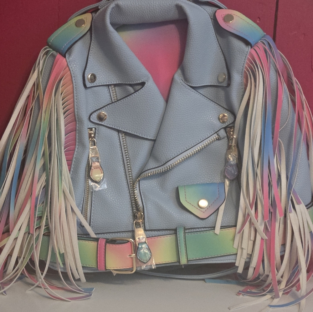 Vibrant Blue and Pink Backpack with Fringe Details